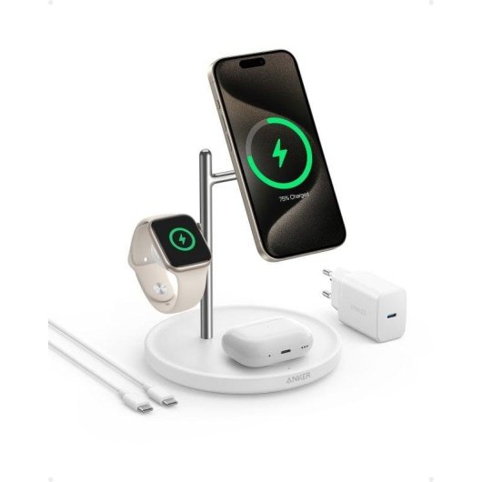 Stazione di ricarica wireless regolabile Anker MagGo 3 in 1 Qi2 15W Bianca