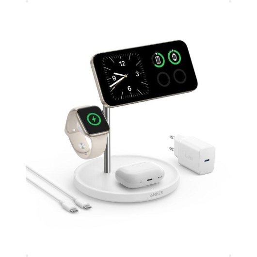Stazione di ricarica wireless regolabile Anker MagGo 3 in 1 Qi2 15W Bianca