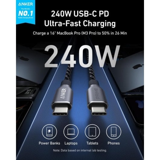 Cavo Anker Prime Cavo da USB-C a USB-C in nylon intrecciato 240 W 1,8 m Grigio