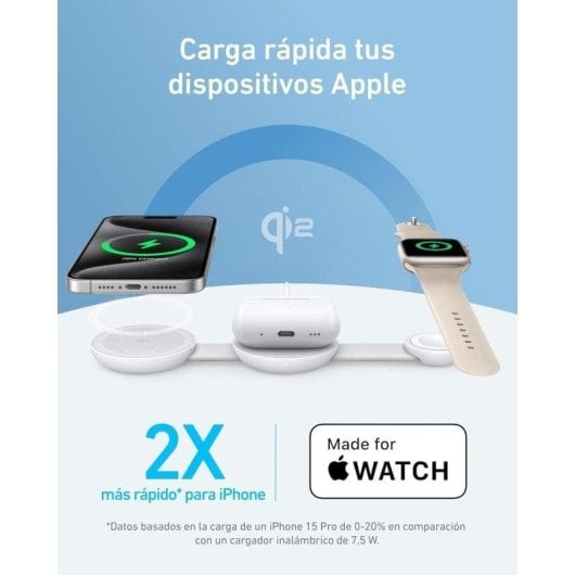Estación de carga inalámbrica Anker MagGo 3 en 1 MagSafe Qi2 15W Blanco