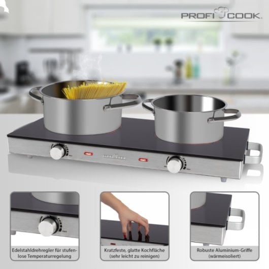 ProfiCook DKP 1211 Cocina Vitrocerámica Portátil de Doble Placa 2 Zonas 2.800W