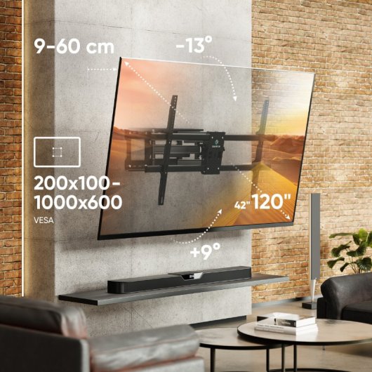 Onkron M10-B Support mural inclinable/pivotant pour TV 42"-120" jusqu'à 100Kg VESA 1000x600 Noir