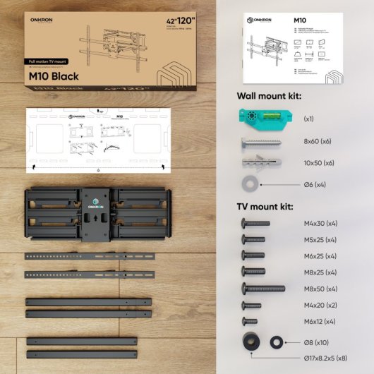 Onkron M10-B Support mural inclinable/pivotant pour TV 42"-120" jusqu'à 100Kg VESA 1000x600 Noir
