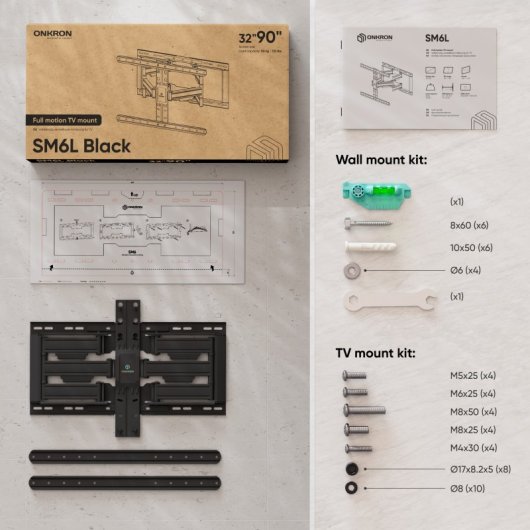 Onkron SM6L-B Soporte de Pared Giratorio e Inclinable para TV 32"-90" Hasta 50Kg VESA 600x400 Negro