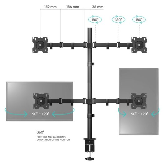 Onkron D421E-B Support pour 4 moniteurs 13" à 32" jusqu'à 32Kg Max VESA 100x100 Noir