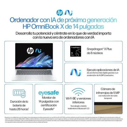 Laptop HP OmniBook X 14-fe1000ns 14" Snapdragon X Plus 16GB 512GB SSD Adreno Windows 11