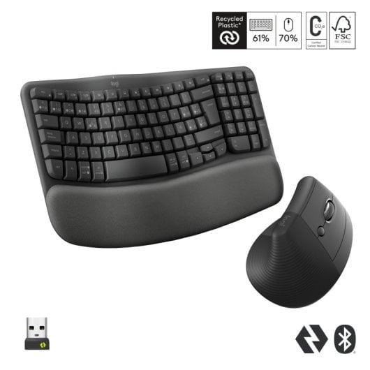 Logitech Pack Wave Keys Tastiera Bluetooth ergonomica + Mouse wireless verticale Logitech Lift