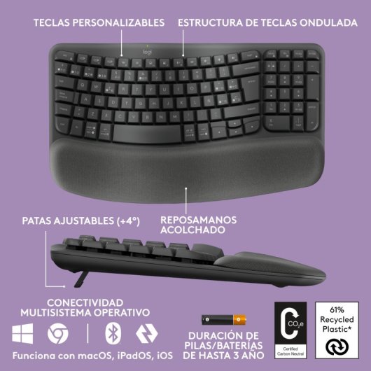 Logitech Pack Wave Keys Tastiera Bluetooth ergonomica + Mouse wireless verticale Logitech Lift
