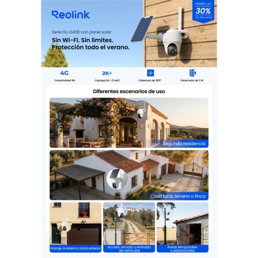 Reolink Go Series G430 Cámara Vigilancia LTE 4G Exterior Panel Solar SuperHD 355º Visión Nocturna