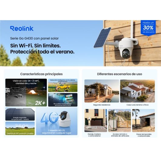 Reolink Go Series G430 Cámara Vigilancia LTE 4G Exterior Panel Solar SuperHD 355º Visión Nocturna