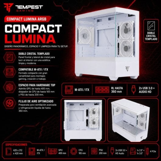 Tempest Compact Lumina ARGB M-ATX Verre Trempé USB 3.0 Blanc