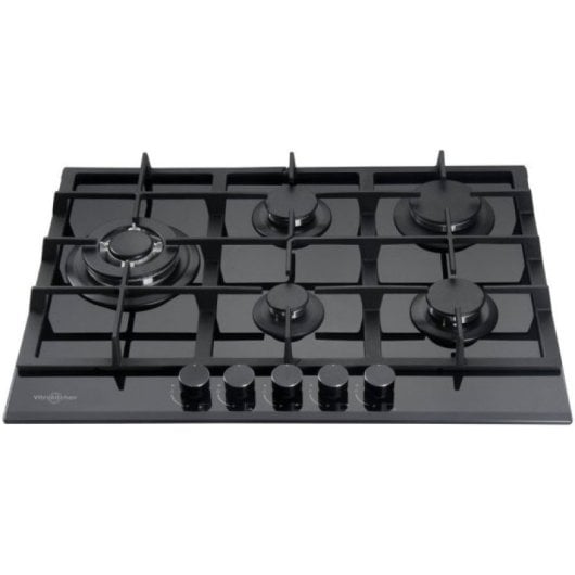 Piano cottura a gas butano in vetro Vitrokitchen CG73NB a 5 zone, 70 cm, nero