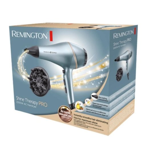 Sèche-cheveux Ionique Professionnel Remington Shine Therapy Pro AC9300 2200W 3 Températures 2 Vitesses Accessoires Bleu