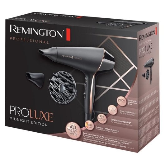 Professioneller Ionen Föhn Remington PROLuxe Midnight Edition 2400W 3 Temperaturstufen 2 Geschwindigkeiten mit Diffusor Schwarz Gold