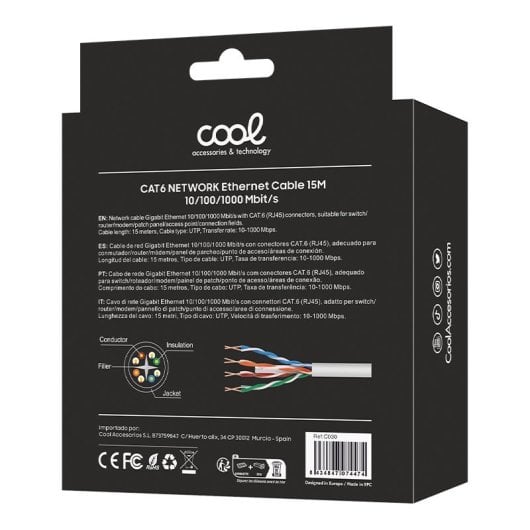 Cool Cabo Rede Internet Universal CAT6 RJ45 15m Branco