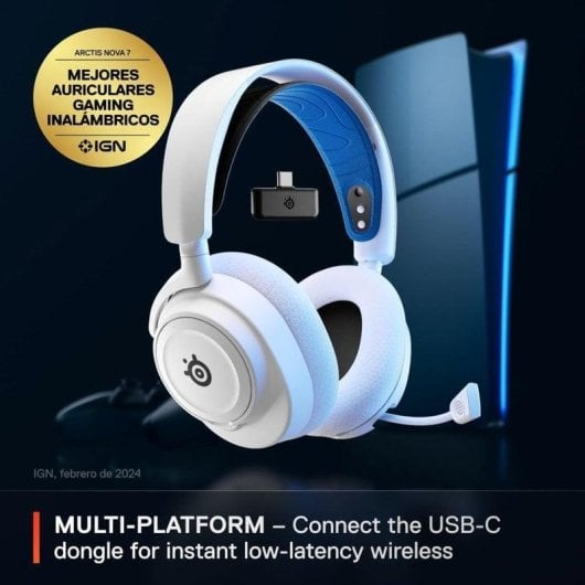 Casque Steelseries Arctis Nova 7P sans fil Bluetooth Gaming avec annulation de bruit IA blanc et bleu