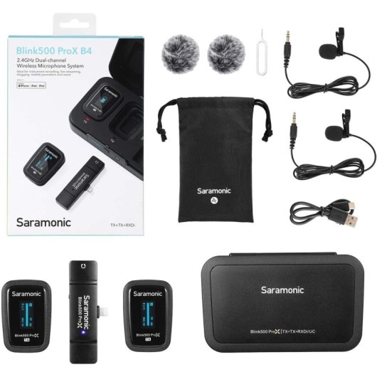 Saramonic Blink500 ProX B4 Sistema de Micrófono Inalámbrico para 2 Personas con Lavaliers y Receptor Lightning
