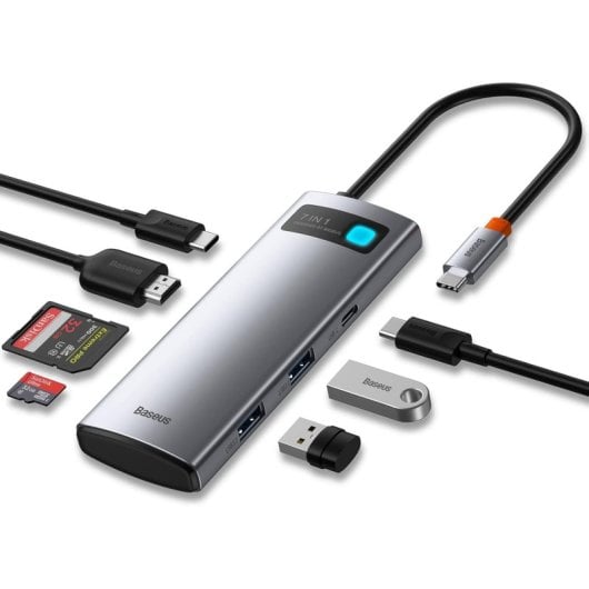 Baseus Metal Gleam DockStation USB-C 7-em-1 100W para USB-C PD/HDMI/USB 3.0/Leitor de Cartões Cinzento