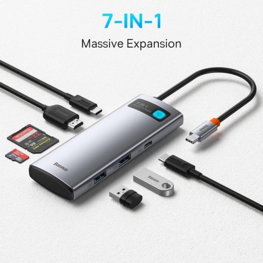 Baseus Metal Gleam DockStation USB-C 7-em-1 100W para USB-C PD/HDMI/USB 3.0/Leitor de Cartões Cinzento