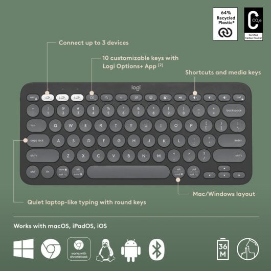 Logitech Pebble Keys 2 K380s Teclado Sem Fios Bluetooth Grafite Francês