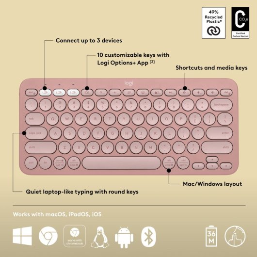 Logitech Pebble Keys 2 K380s clavier Universel RF sans fil + Bluetooth AZERTY Français Rose