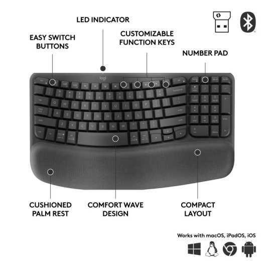 Logitech Ergo Series Wave Keys for Business - Clavier - sans fil - 2,4 GHz, Bluetooth 5.1 LE - AZERTY - Français - graphite