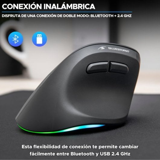 Souris verticale sans fil ergonomique Bluestork Ergo Lumi pour gaucher, RGB, 2400 DPI, noire