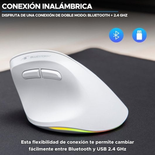 Bluestork Ergo Lumi Ratón Vertical Ergonómico Inalámbrico para Mano Derecha RGB 2400 DPI Blanco