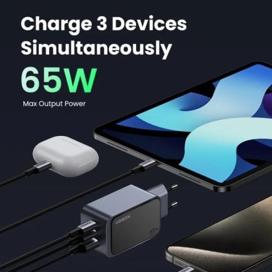 Ugreen Nexode Air Carregador Rápido 65W GaNInfinity com 2x USB-C + 1x USB-A PD3.0/QC4+/PPS Cinzento