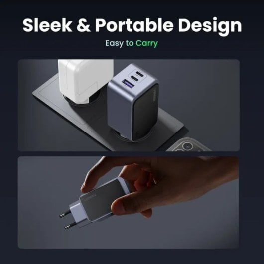 Ugreen Nexode Air Carregador Rápido 65W GaNInfinity com 2x USB-C + 1x USB-A PD3.0/QC4+/PPS Cinzento