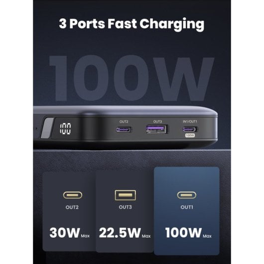 Ugreen Powerbank 20000mAh PD 100W Carga Rápida 100W 3 Puertos Gris