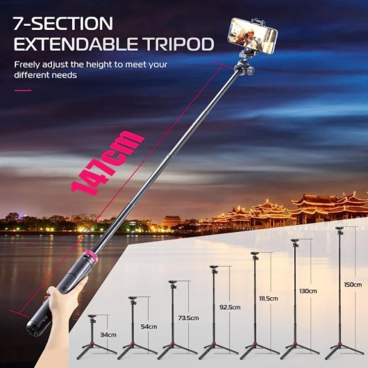 Ulanzi MT-44 Palo de Selfie Trípode con Abrazadera para Móvil 145cm Negro