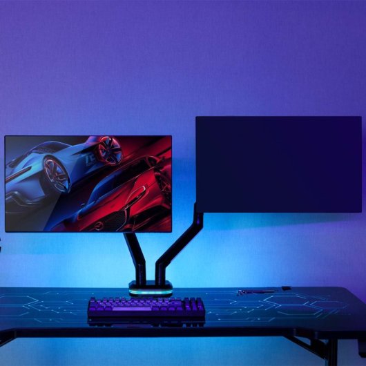 Supporto da tavolo da gioco AISENS RGB Contrappeso rotante e inclinabile per monitor/TV 9 kg (3 perni, 2 bracci) da 17-32, Nero-Bianco