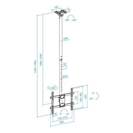 TooQ LPCE1175TSLI-XL-B Support Plafond TV/Moniteur 32 à 75" VESA 200x200 à 400x400 Max 60Kg