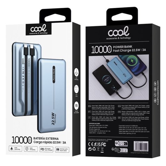 Cool Batería Externa Universal Power Bank 10.000mAh PD 22.5W (2 Cables) Azul