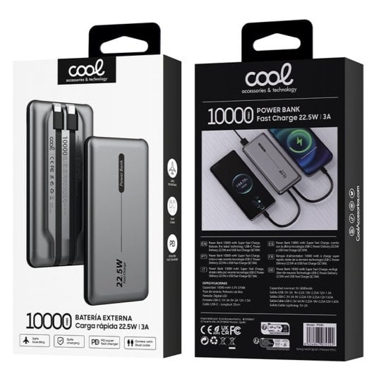 Cool Batería Externa Universal Power Bank 10.000mAh PD 22.5W (2 Cables) Gris