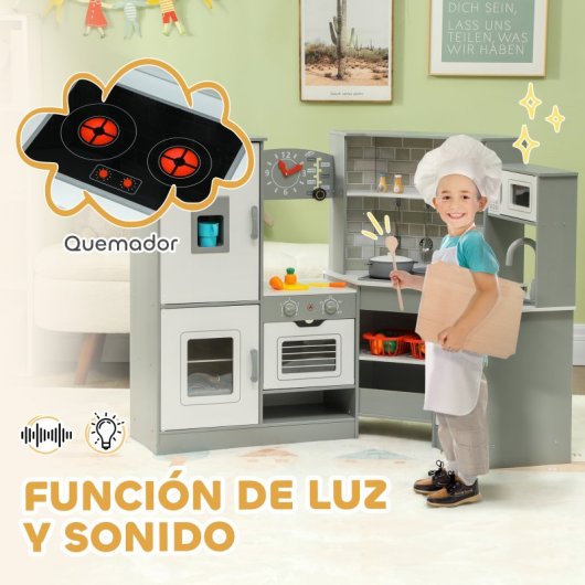 Aiyaplay Cocina de Juguete para Niños +3 Años con Luz y Sonido Gris