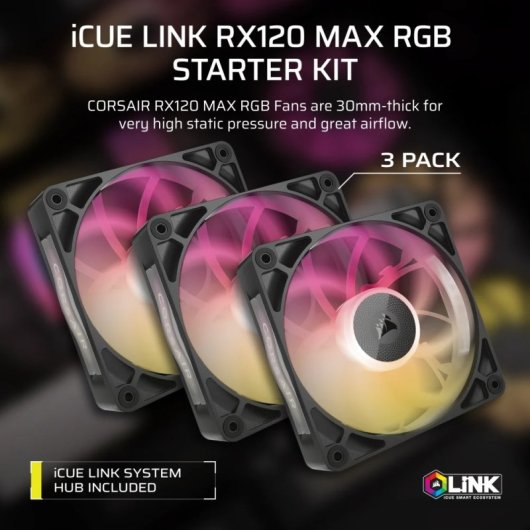 Corsair iCUE LINK RX120 MAX RGB Pack Triple Ventilador Suplementario PWM 120mm Negro