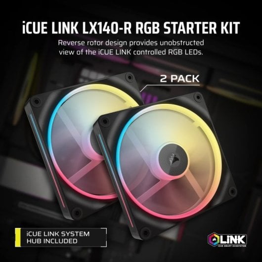 Corsair iCUE LINK LX140-R RGB Pack Duas Ventoinhas Suplementares PWM 140mm Pretas