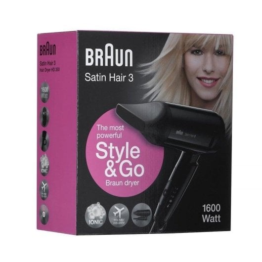 Secador de Cabelo Dobrável Iónico de Viagem Braun Satin Hair 3 HD350 1600W 2 Temperaturas Preto