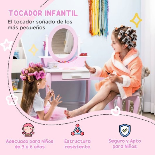Zonekiz Toucador de Brincar com Banco e Espelho 65,5x46x93cm 3-6 Anos Rosa