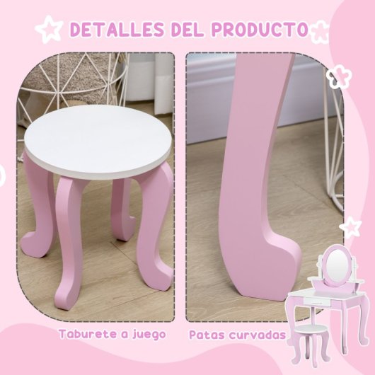 Zonekiz Toucador de Brincar com Banco e Espelho 65,5x46x93cm 3-6 Anos Rosa