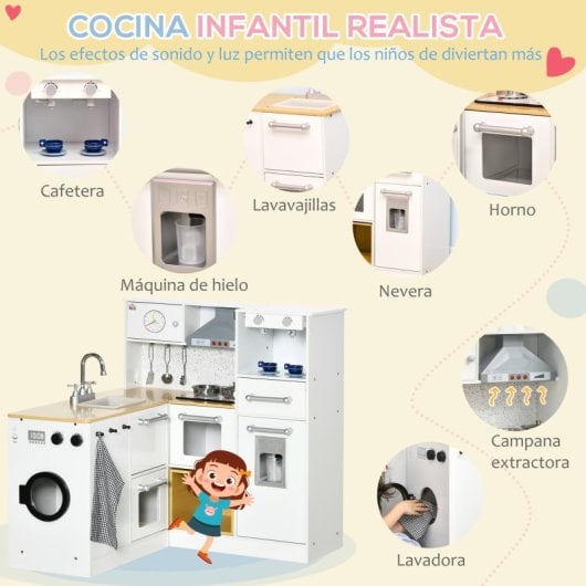 Homcom Cocina De Juguete De Madera Para Niños +3 Años Con Luz Sonidos