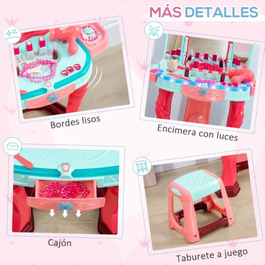 Aiyaplay Tocador De Juguete Para Niñas De +3 Años Con Taburete Espejo 57x34x76cm
