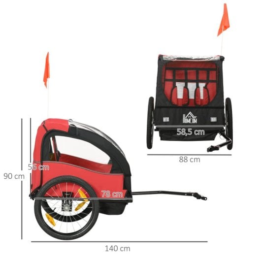 Homcom Remolque De Bicicleta Para Niños +18 Meses De 2 Plazas 140x88x90 Cm Rojo