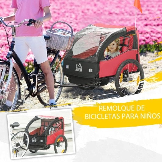 Homcom Remolque De Bicicleta Para Niños +18 Meses De 2 Plazas 140x88x90 Cm Rojo
