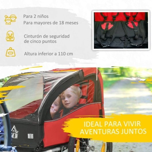 Homcom Remolque De Bicicleta Para Niños +18 Meses De 2 Plazas 140x88x90 Cm Rojo