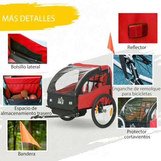 Homcom Remolque De Bicicleta Para Niños +18 Meses De 2 Plazas 140x88x90 Cm Rojo