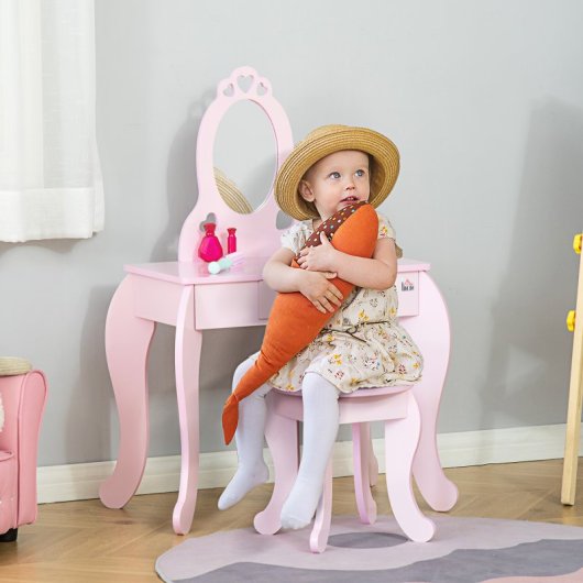 Homcom Toucador de Brincar em Madeira com Banco e Espelho 60x36x88cm 3-6 Anos