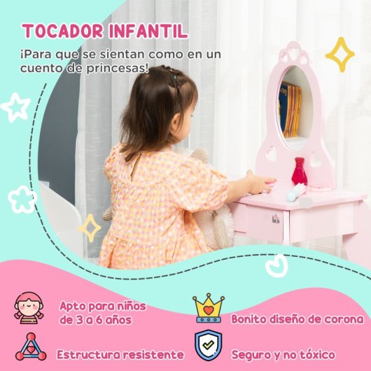 Homcom Toucador de Brincar em Madeira com Banco e Espelho 60x36x88cm 3-6 Anos